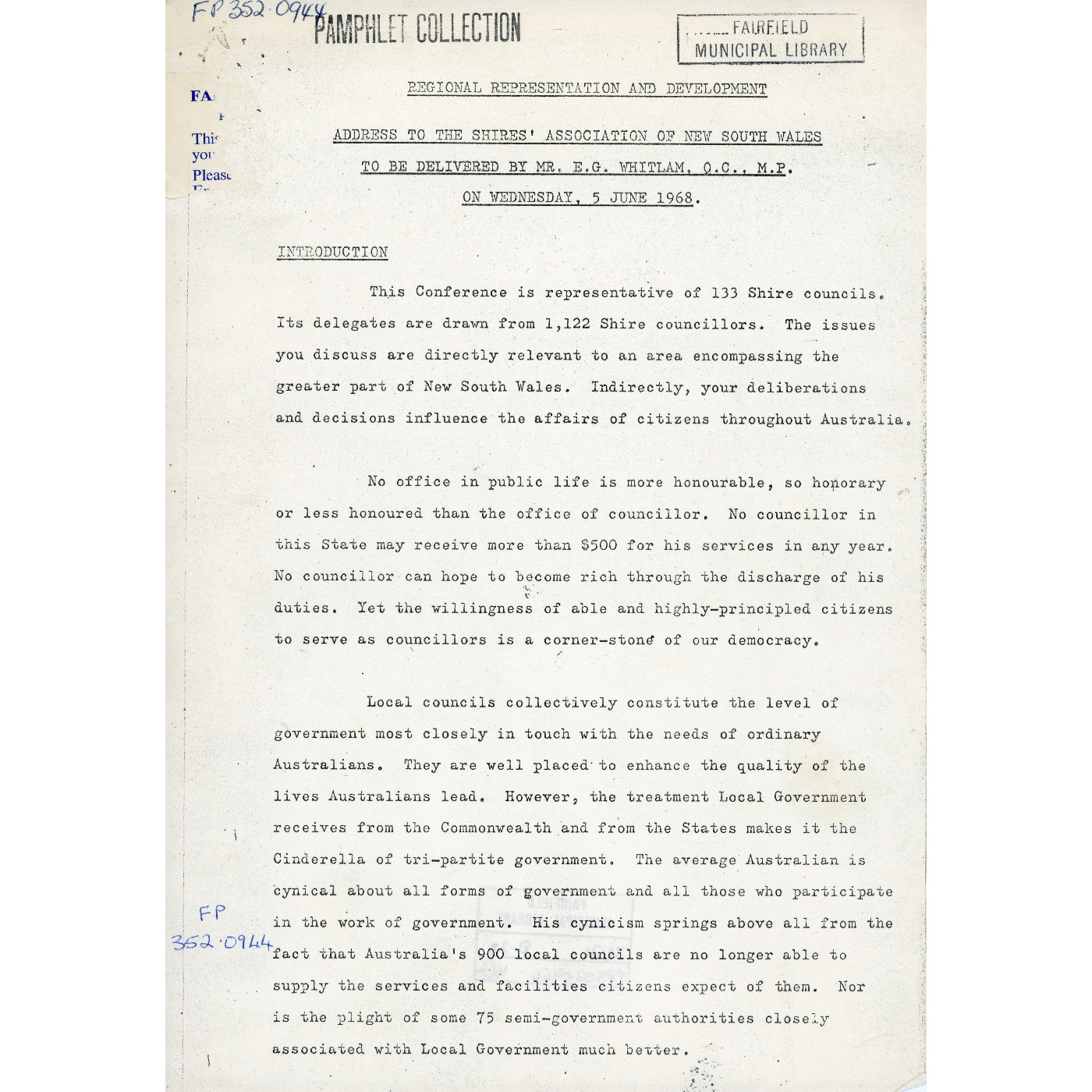 Speech 'Regional Representation and Development' delivered to the Shires’ Association of New South Wales on 5 June 1968