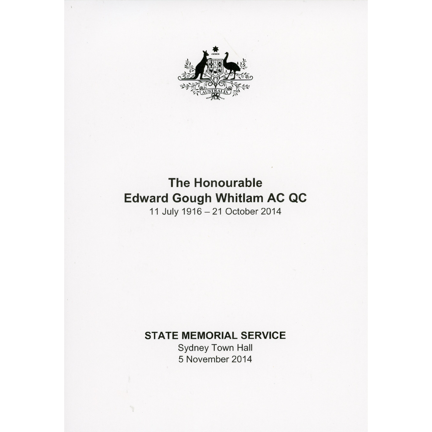Official program to the State Memorial Service of Honarable E.G. Whitlam AC QC