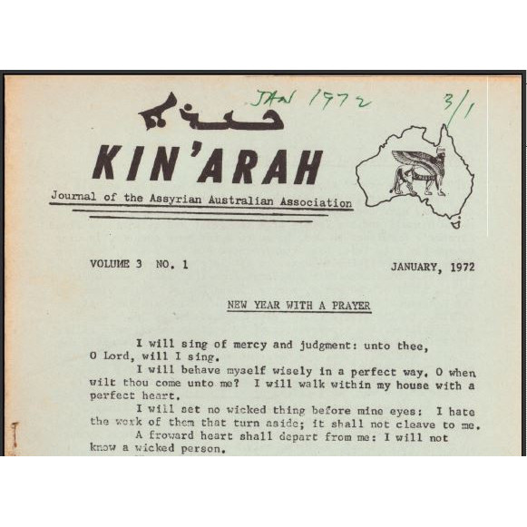 Kin'arah : journal of Assyrian Australian Association  - January, 1972, Volume 3, No 1