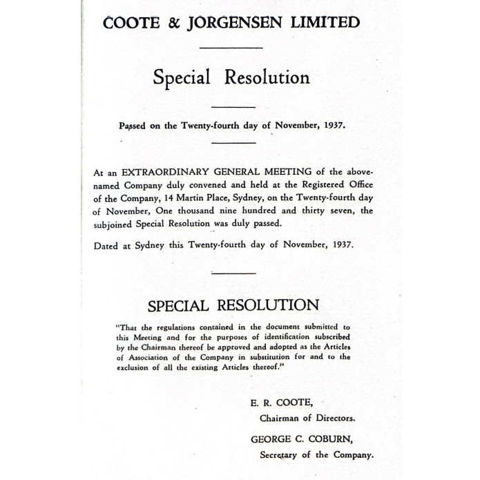 Articles of Association of Coote & Jorgesnsen Limited