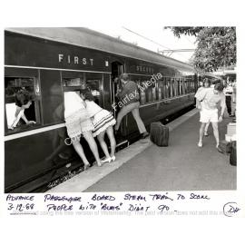 Passengers board steam train to Scone, Fairfield, NSW.