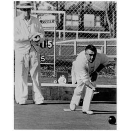 Jim Morrison of St Johns Park Bowling Club playing in the Silver Medal Fours, 1983