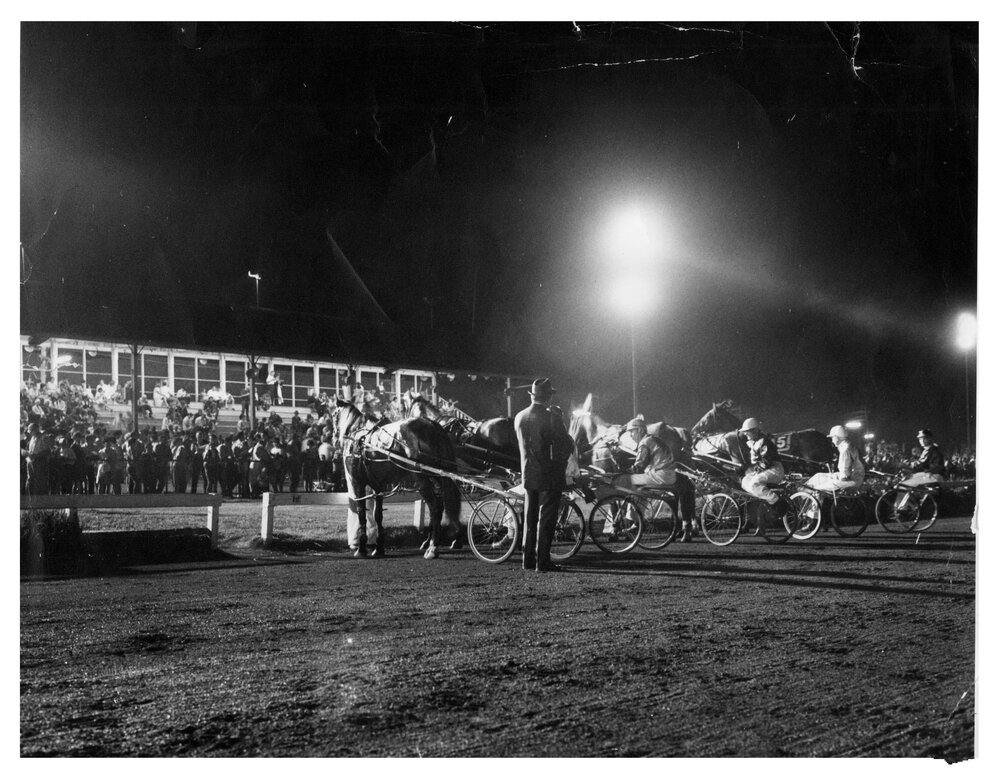 A nighttime trotting horse race