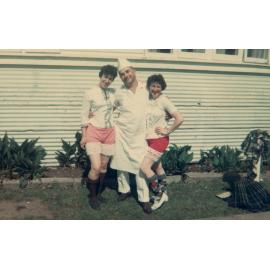 Peggy Pearson and Vi Lebby showing off their “witches britches”, Cabramatta Migrant Hostel, Cabramatta NSW
