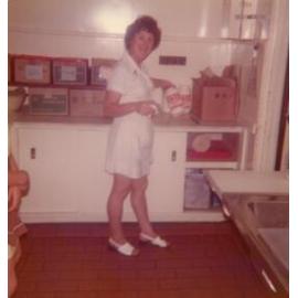 Peggy Pearson in the staff tea room, late 1970's, Cabramatta Migrant Hostel, Cabramatta.NSW.