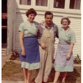 Three people standing outside, Cabramatta Migrant Hostel, Cabramatta NSW