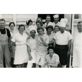 Large group of people outside the kitchen, Cabramatta Migrant Hostel, Cabramatta NSW