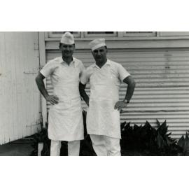 Otto Nemecek and Michael Boczynski standing outside the kitchen, Cabramatta Migrant Hostel, Cabramatta NSW, 1970s