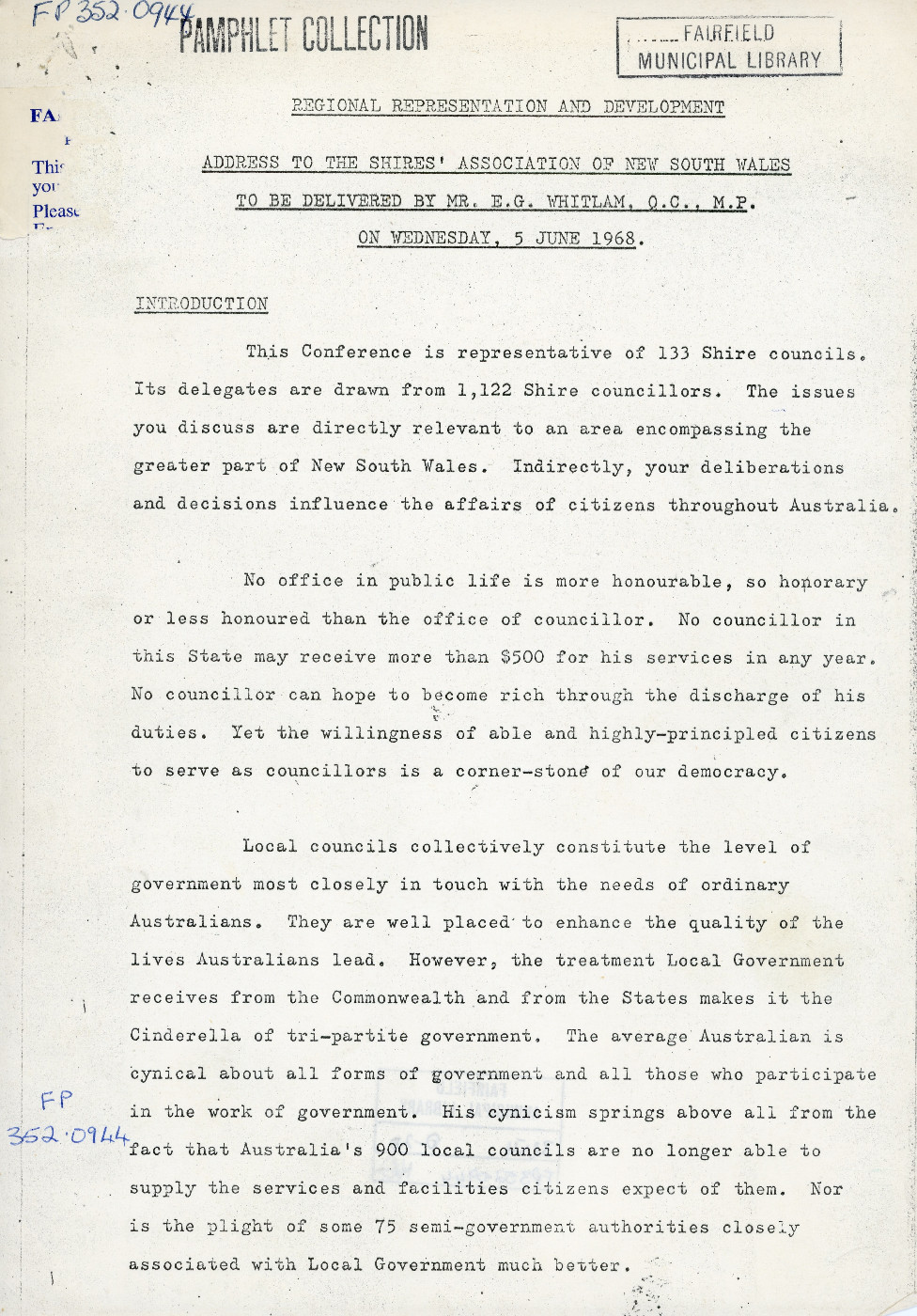 Speech 'Regional Representation and Development' delivered to the Shires&rsquo; Association of New South Wales on 5 June 1968