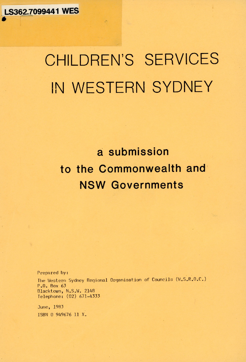 Children's services in western Sydney : a submission to the Commonwealth and NSW governments